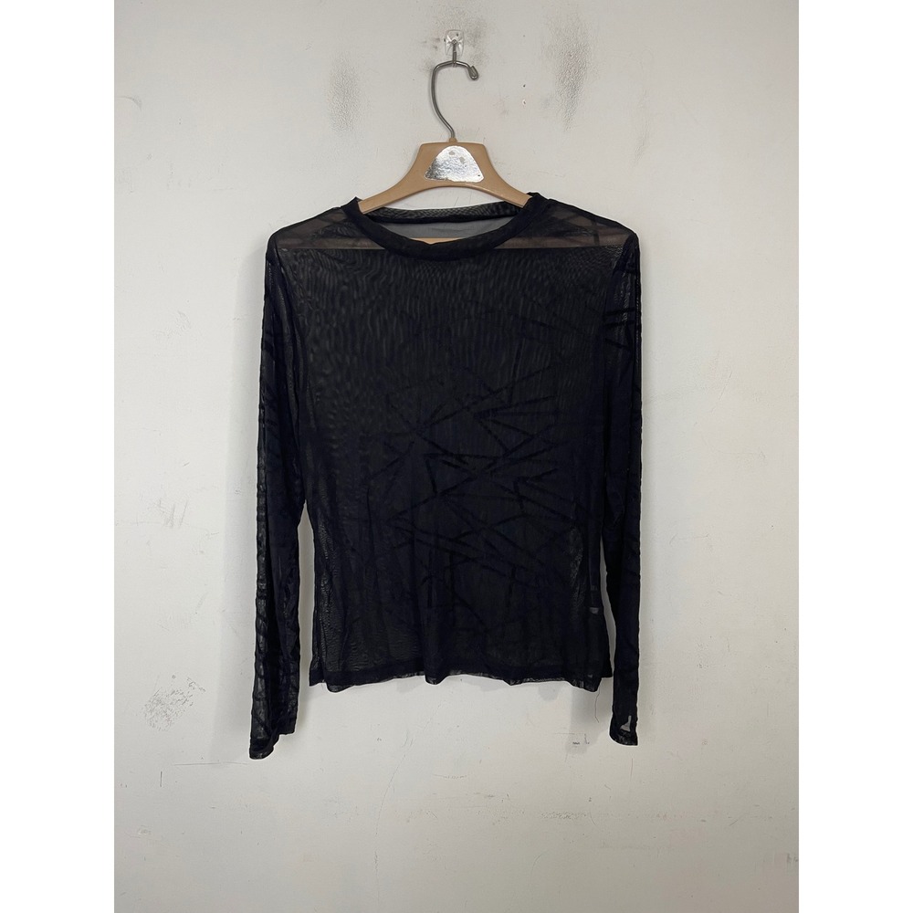 SHEIN Curve Black Mesh Geometric Flocked Velvet Long Sleeve Top 1XL Plus Size